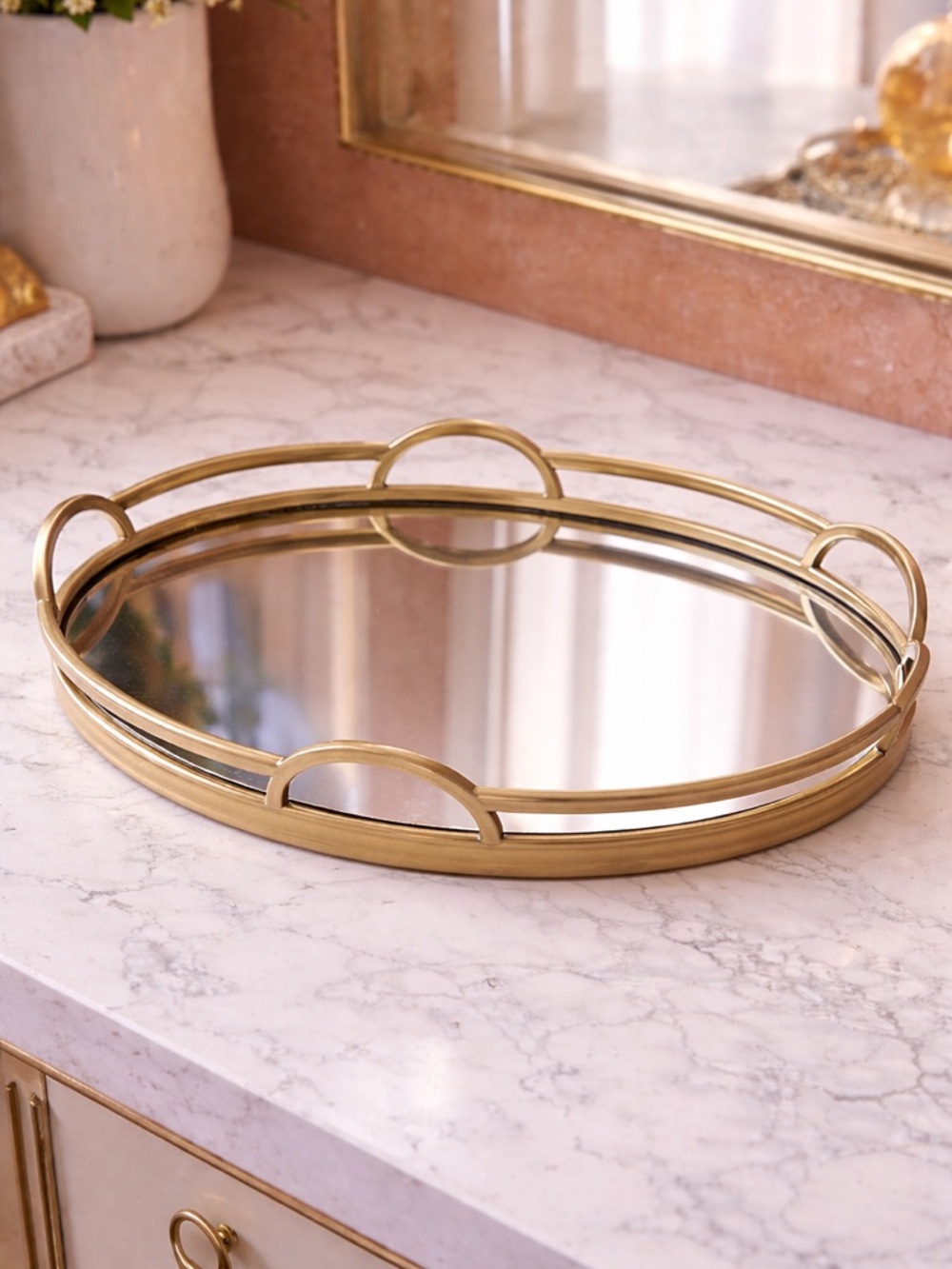 Gold Metal Glass Oval Serving Tray with Handles Smokey Mirrored  Art Deco 16”